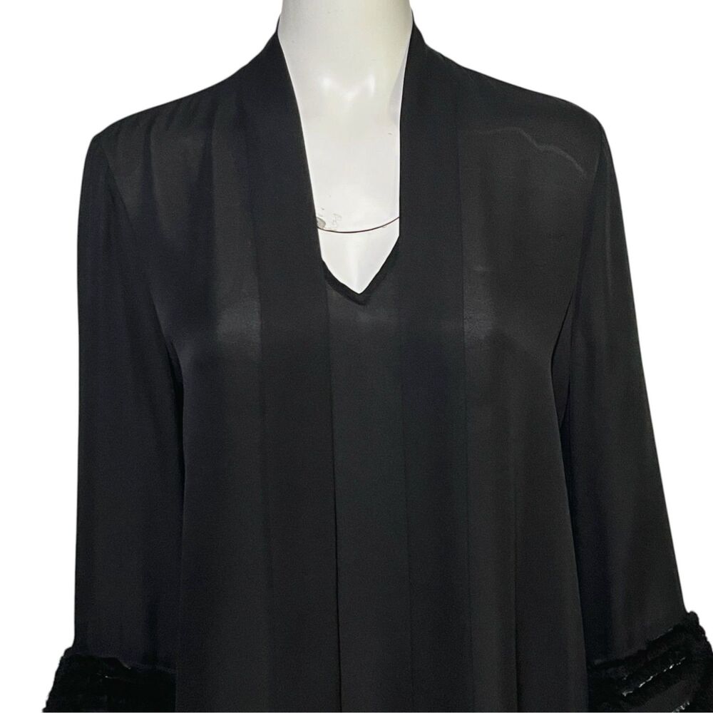 Kobi Halperin Silk Blouse Black Tie Neck Sheer Fringe Bell Sleeve Size M - Picture 5 of 9